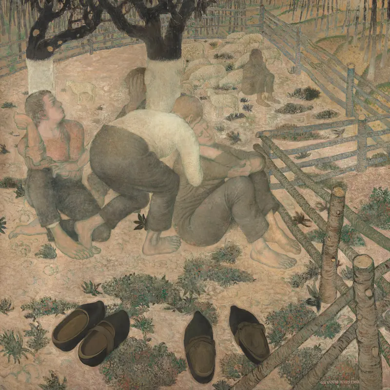 A group of figures lies in uneasy repose, captured in a moment between rest and unrest.