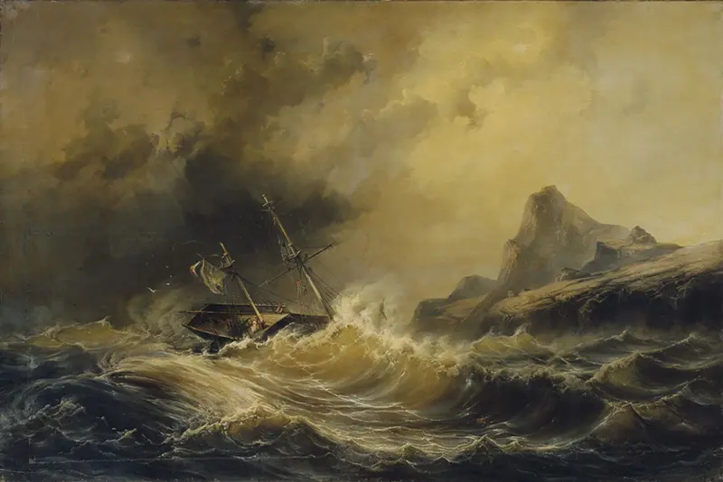 Marine scene with a ship battling a storm by Josef Carl Berthold Püttner, oil painting