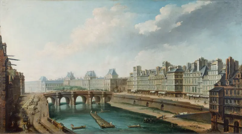 Landscape with the Louvre and Pont-Neuf, oil painting by Nicolas Jean-Baptiste Raguenet