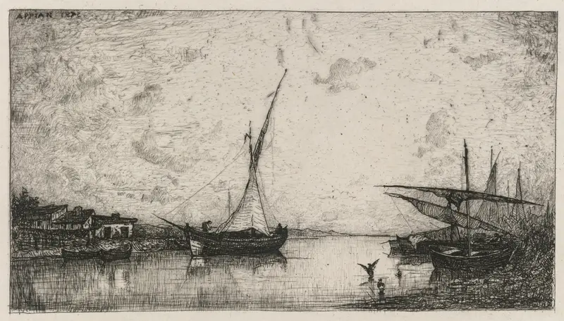 Canal aux Martigues by Adolphe Appian, oil on canvas depicting a serene landscape with water reflections.