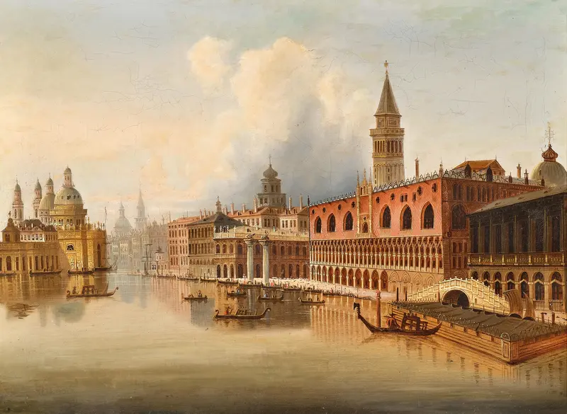 A Venetian scene by Johann Wilhelm Jankowsky, oil on canvas featuring gondoliers on water.