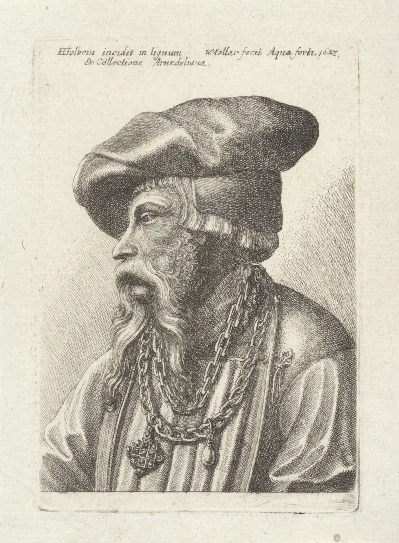 Portrait of a man with a beard, baret, and necklace, etching by Wenceslaus Hollar