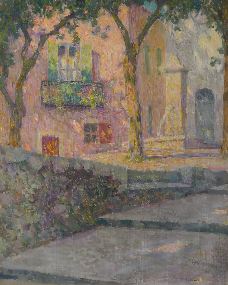 Henri Le Sidaner's painting captures a sunlit fountain in a vibrant landscape.