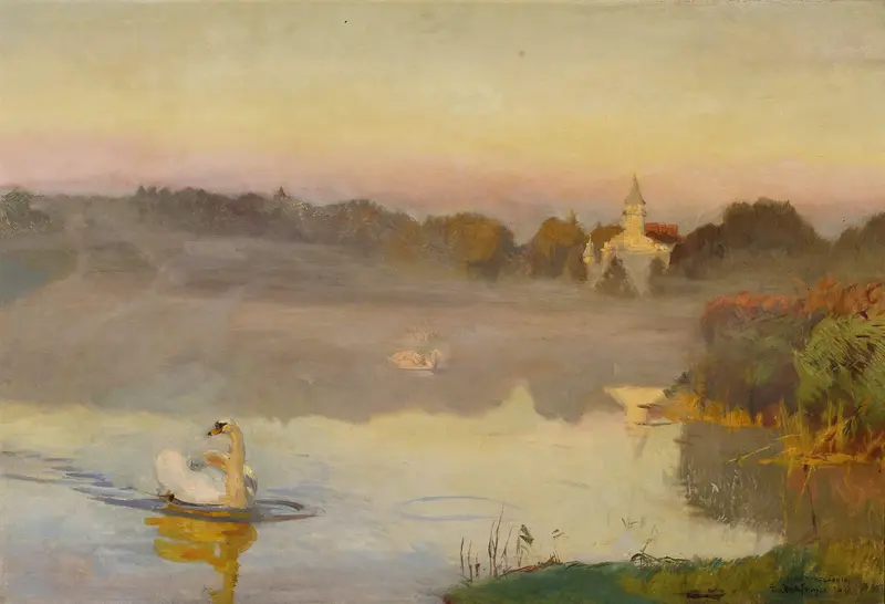 Pond in Radziejowice by Jozef Chelmonski, oil on canvas depicting a tranquil landscape.