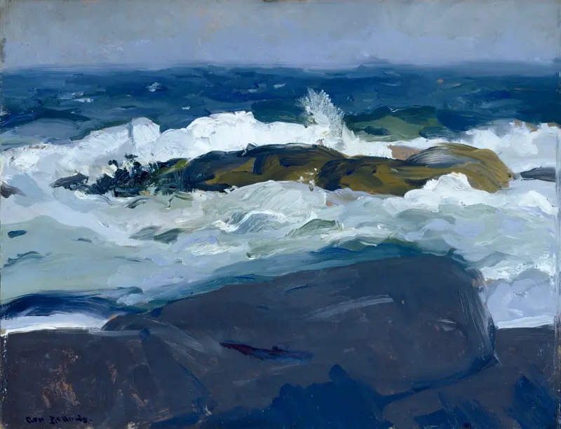 Rock Reef, Maine by George Wesley Bellows, oil on canvas depicting crashing waves and rugged cliffs.