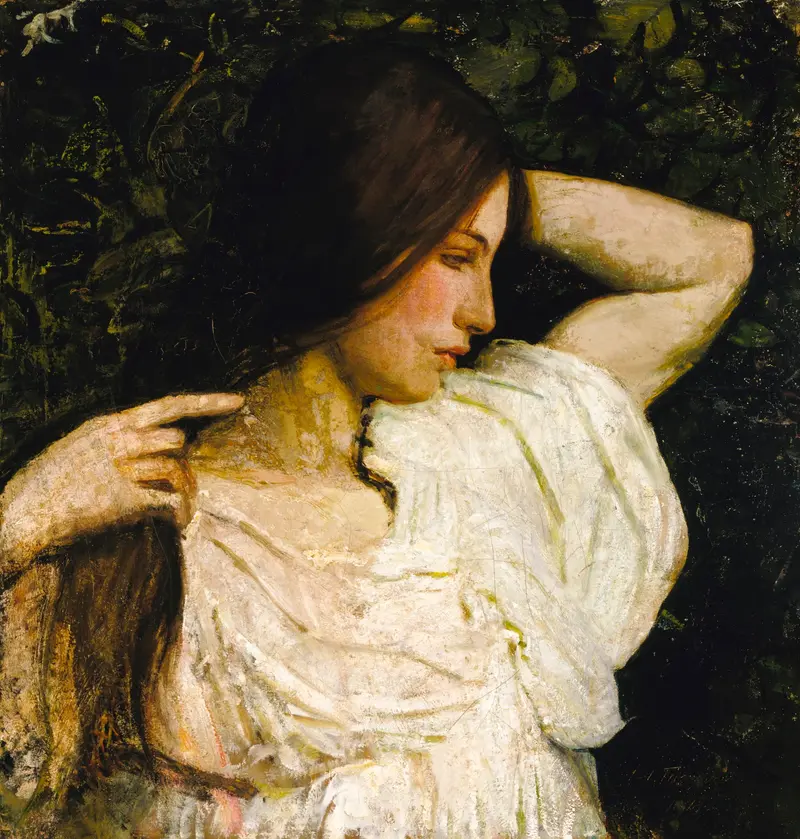 A young woman lifts her arm, letting her hair fall through her fingers, surrounded by a dark leafy background.