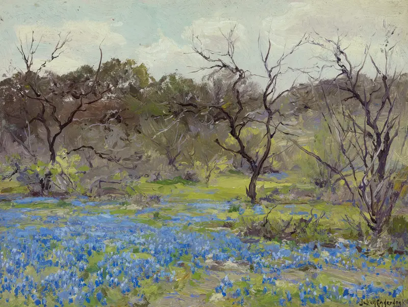 Early Spring—Bluebonnets and Mesquite by Julian Onderdonk, oil painting featuring bluebonnets and mesquite trees.
