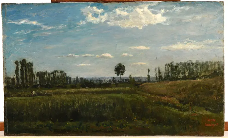 Landscape oil painting by Charles François Daubigny featuring rolling hills and a golden sky