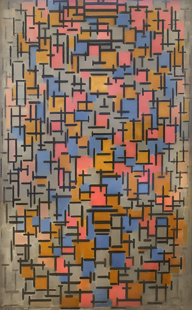 Piet Mondrian's 'Composizione' features a dynamic arrangement of geometric shapes and primary colors.