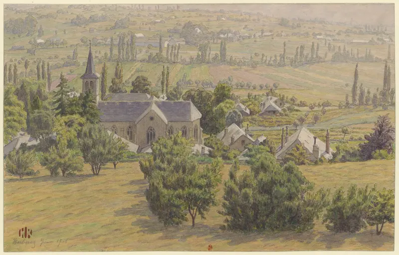 Lithograph by Henri Rivière depicting hills and tranquil waters