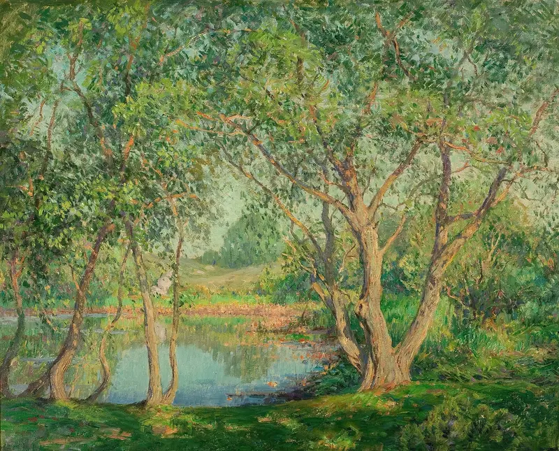 Hidden Lake by Wilson Henry Irvine, oil on canvas depicting a tranquil lake and forest.
