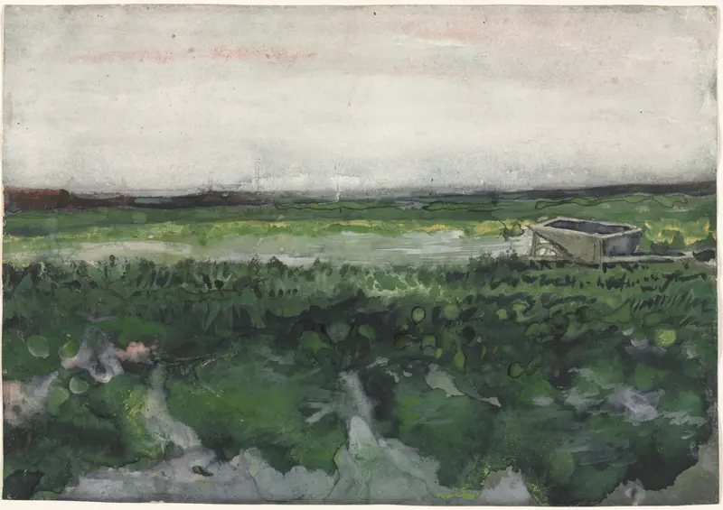 Landscape with Wheelbarrow, oil on canvas by Vincent van Gogh, featuring a vibrant field and a wheelbarrow.