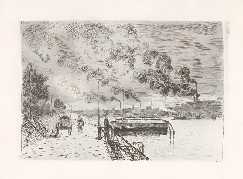 A painting by Armand Guillaumin depicting a quay with factories in the background.