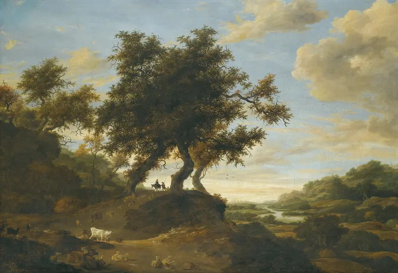 Landscape with herders on raised ground, river, and trees by Jacob Salomonsz. van Ruysdael, oil painting