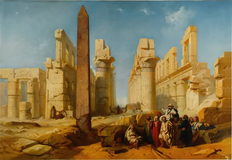 The Ruins of Karnak at Thebes, oil on canvas by Jacob Jacobs, featuring ancient columns and textures.