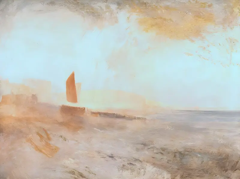 A sandy beach with a single ochre sail near the centre left, pale luminous sky, and a faint vertical structure on the horizon to the right.
