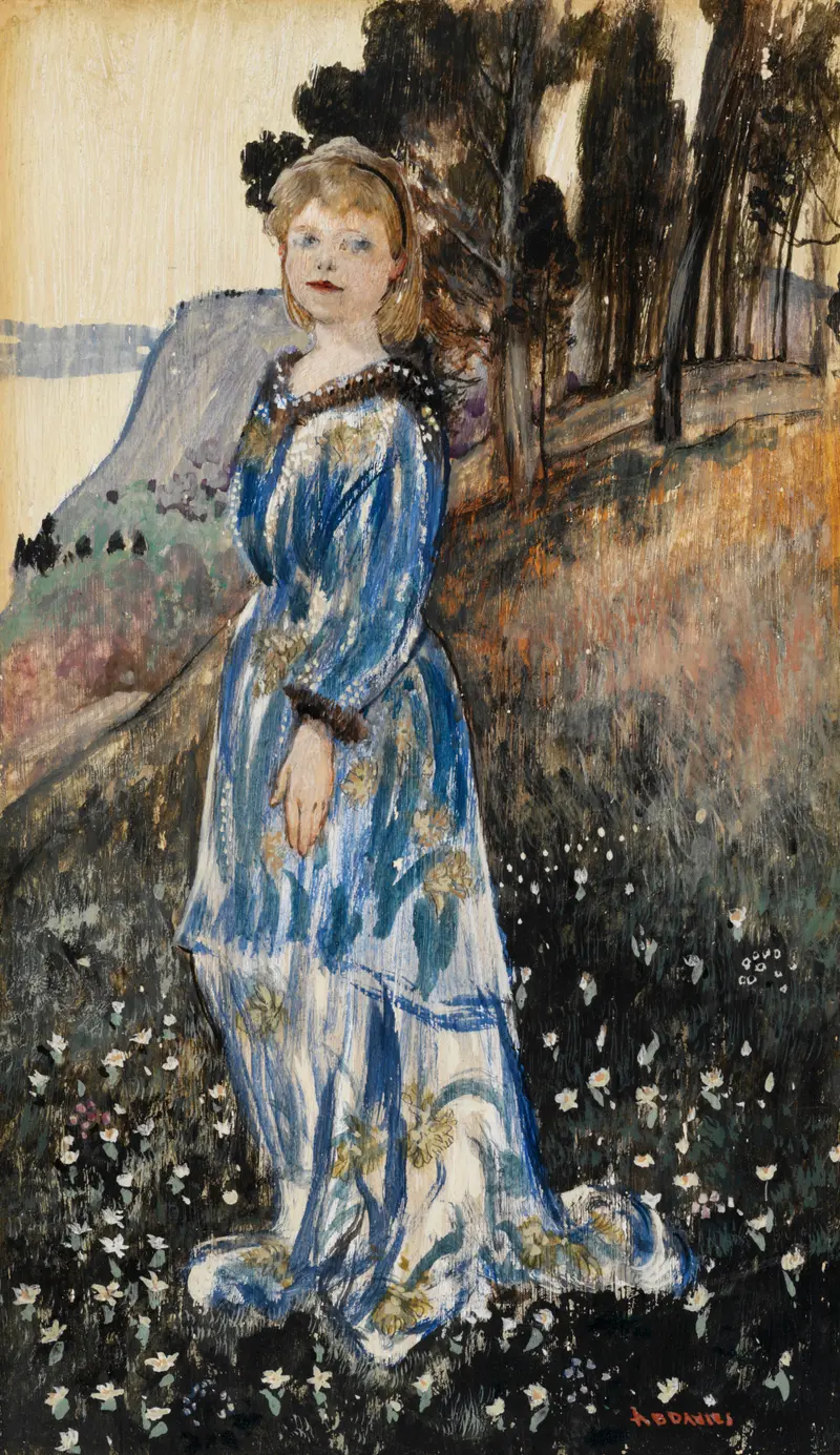 A girl in a blue dress stands in a meadow, gazing at the viewer with a backdrop of trees and a pale sky.