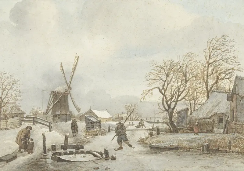 Winterlandschap oil painting by Gerrit Lamberts depicting a snowy landscape with a pale sun