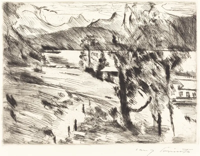 Walchensee Landscape by Lovis Corinth, oil on canvas depicting hills and water reflections