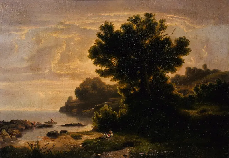 Landscape with Family by Lake, oil painting by Robert S. Duncanson, depicting a family by a tranquil lake.