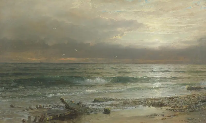 Point Judith by William Trost Richards, oil on canvas, depicting a tranquil marine landscape at dusk.