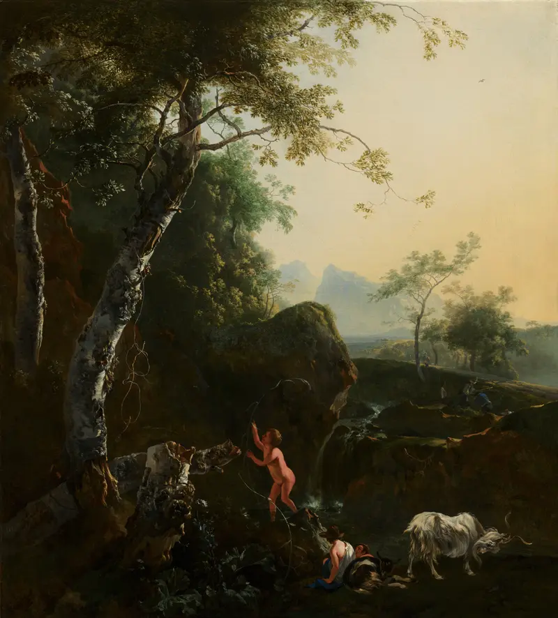 Mountainous landscape with waterfall by Adam Pynacker, oil painting