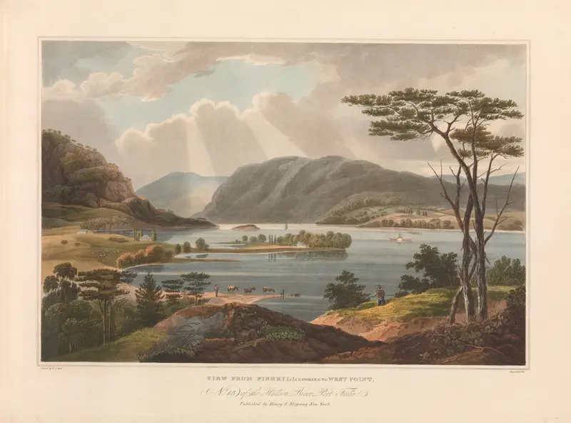 Engraving by John Hill depicting a tranquil river and rolling hills