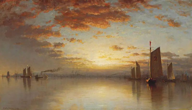 Sunset Over New York Bay by Sanford Robinson Gifford, oil painting depicting a tranquil bay with sailboats.