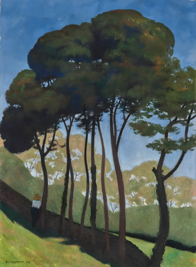 Les Grands Arbres, oil on canvas by Félix Vallotton, featuring towering trees and a muted sky.