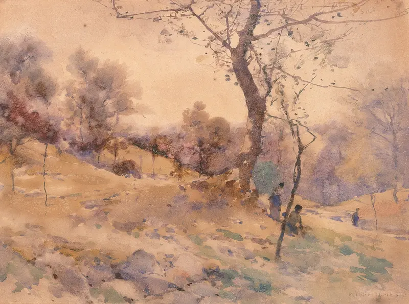 Landscape by William Henry Holmes, impressionism, depicting a tranquil horizon with soft clouds.