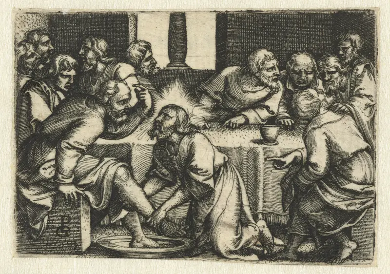 Engraving by Georg Pencz depicting Christ washing Petrus' feet, emphasizing humility and service.