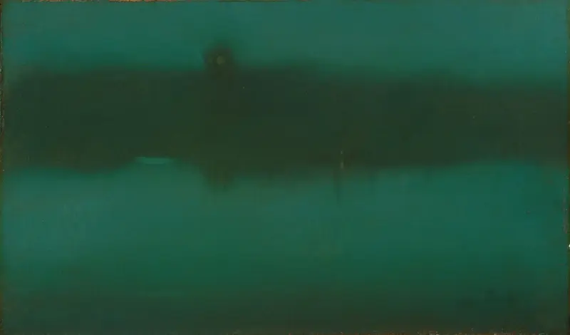 A dark canvas with deep greens and blues, featuring faint lights suggesting distant windows reflecting on water.