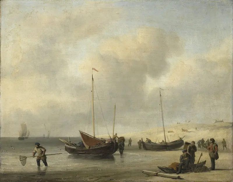 Fishing boats on shore, oil painting by Willem van de Velde the Younger