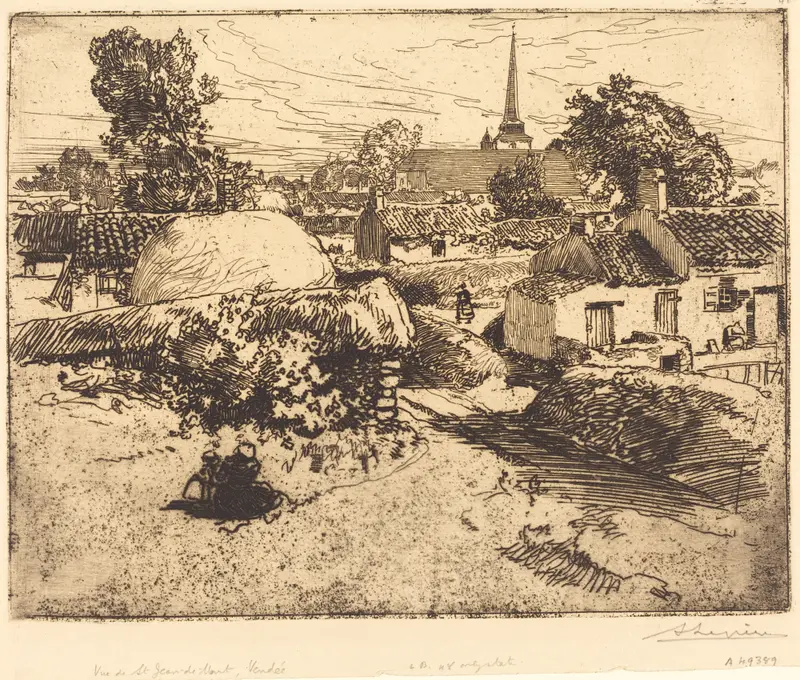 A winding path leads through hedges and thatched roofs to a spire in a rural French village.