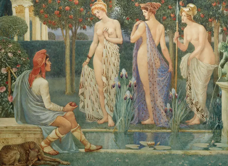 Walter Crane's 'The Judgment of Paris' depicts a mythological scene with vibrant colors and intricate details.