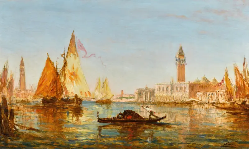 Oil painting by Félix Ziem depicting gondolas and boats near the Palazzo in Venice.