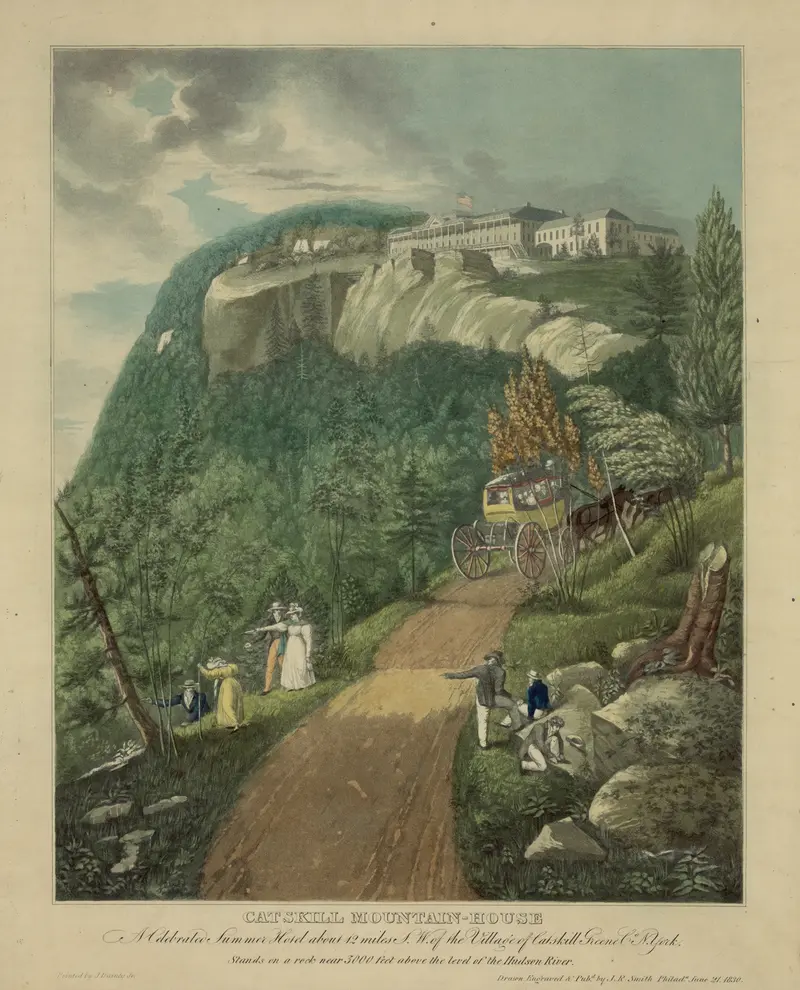 Catskill Mountain-House engraving by John Rubens Smith depicting a tranquil landscape with trees and mountains