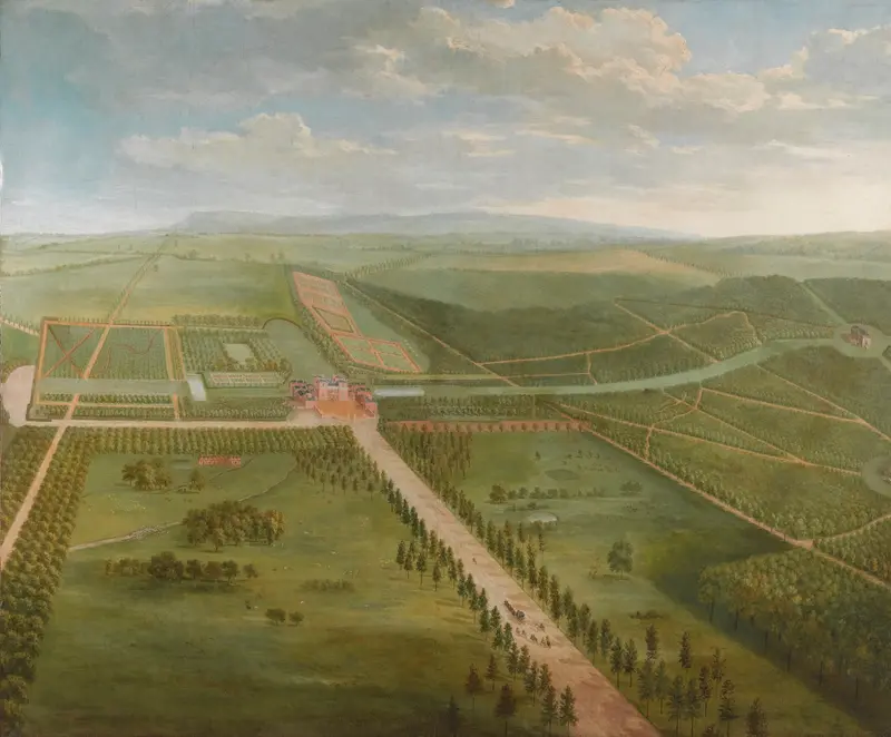 Oil painting by Pieter Andreas Rysbrack depicting a serene English countryside landscape.