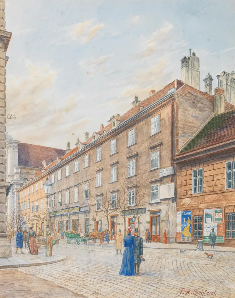 Landscape oil painting by Franz Xaver Schleich depicting a quiet street scene.