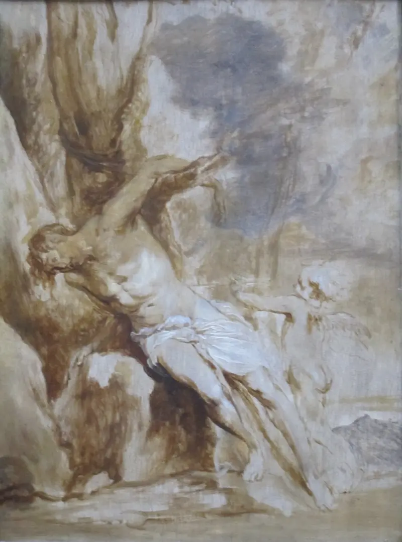 Saint Sebastian is depicted in a moment of divine intervention.