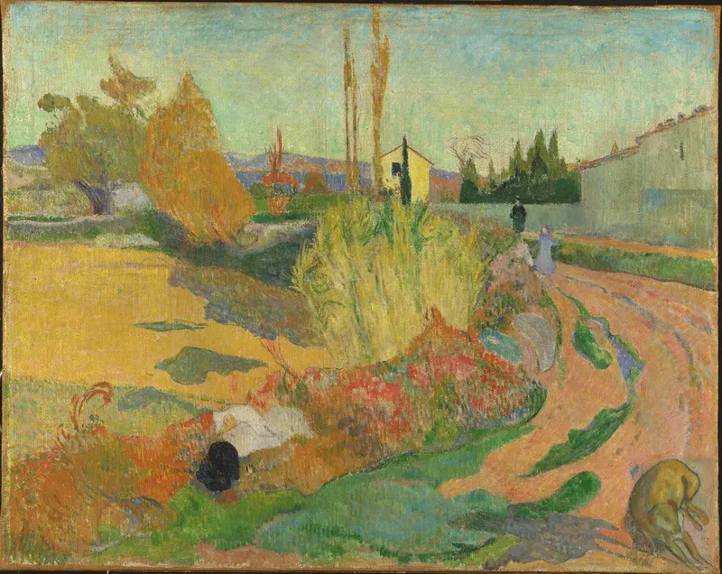 Landscape oil painting by Paul Gauguin with vibrant colors and sunlight.