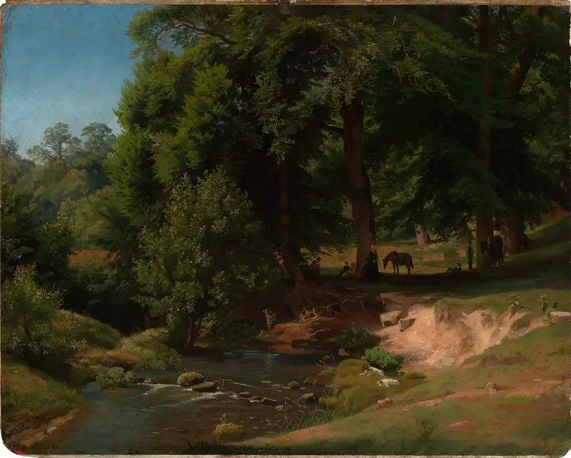 Landscape with weary riders resting under a tree, oil painting by Johann Wilhelm Schirmer