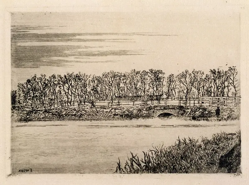 The Bridge in the Wood at Ostend by James Ensor, oil painting depicting a bridge in a vibrant forest.