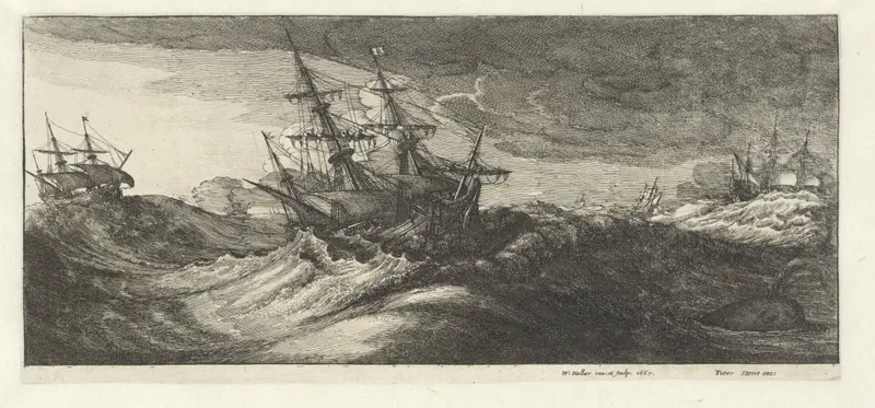 Oorlogsschepen en een walvis in een zeestorm, etching by Wenceslaus Hollar depicting ships and a whale in a stormy sea.