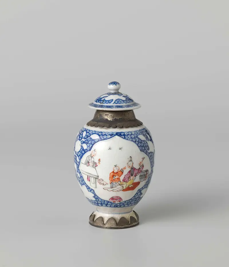 Ovoid tea caddy with women and boy, ceramic with silver mounts, unknown artist