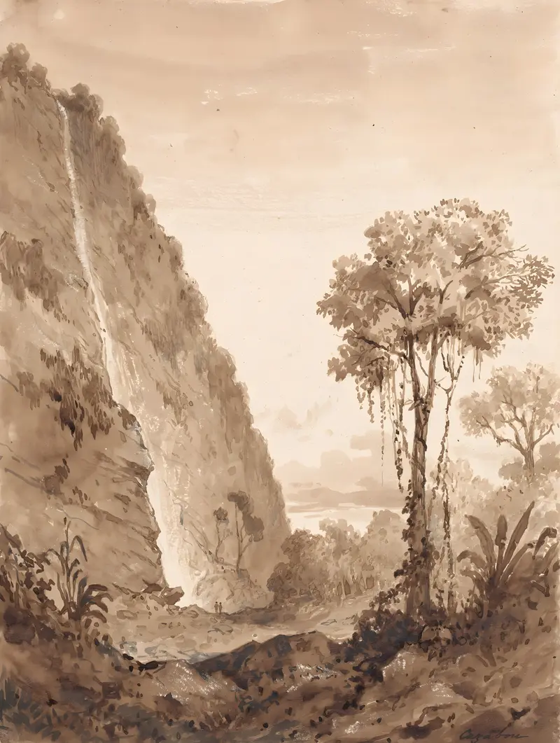Maraccas Waterfall oil on canvas by Michel Jean Cazabon, depicting a vibrant landscape with a waterfall.