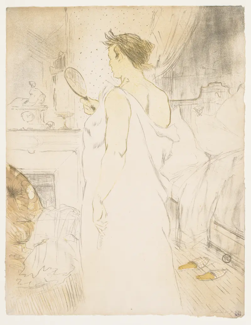 Henri de Toulouse-Lautrec's painting 'Looking in a Mirror' captures a moment of self-reflection.