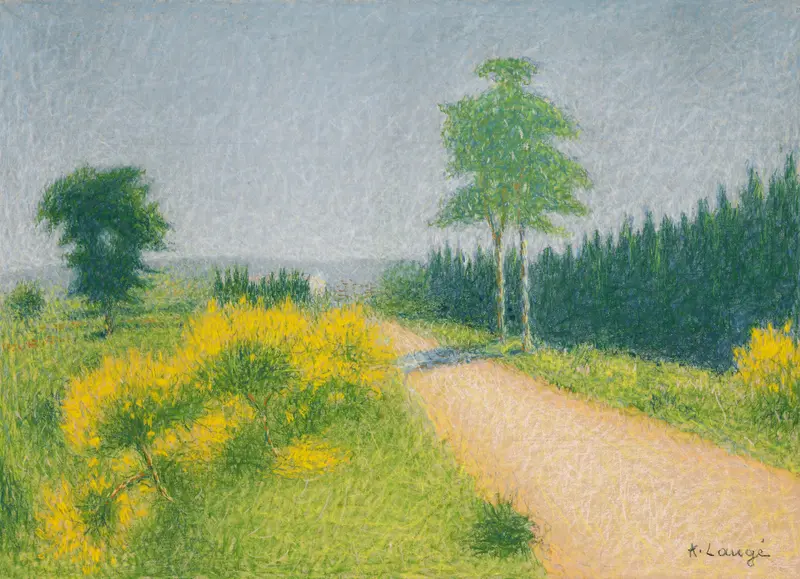 Landscape by Achille Laugé, featuring a winding road in soft colors.