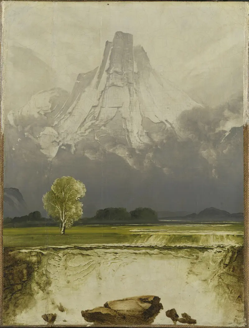 Stetind med bjerk by Peder Balke, oil on canvas depicting a mountain landscape with birch trees.