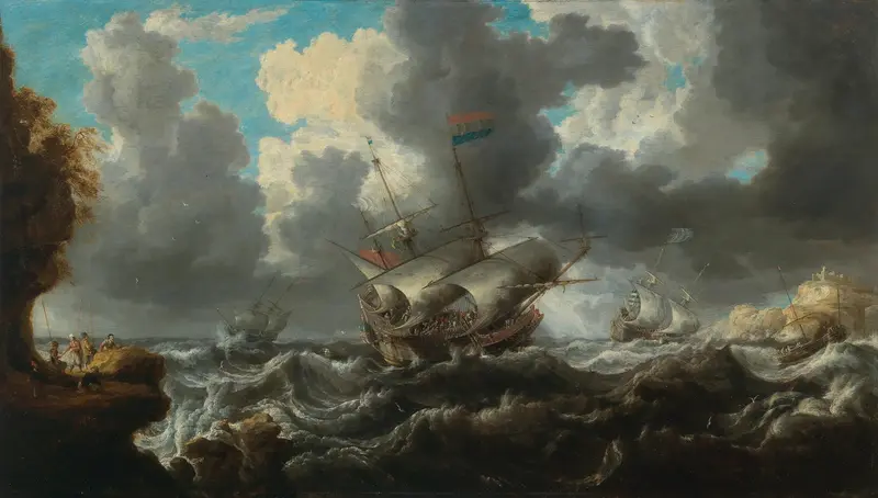 A man o’war in choppy seas with soldiers on an outcrop nearby, oil on canvas by Bonaventura Peeters the Elder